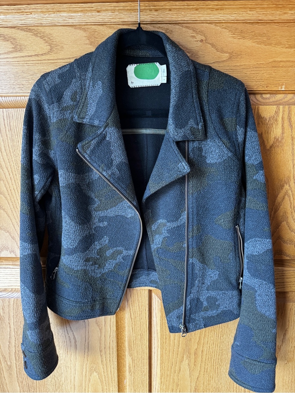 Anthropologie Robin Camo Print Moto Jacket Asymmetrical Zip Knit Fleece